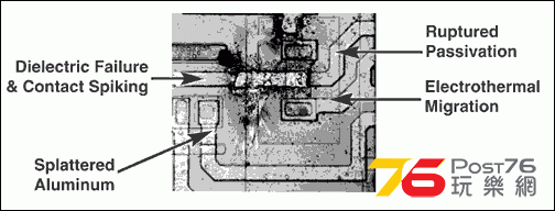 This photomicrograph shows gross ESD damage to an unprotected RS-232 receiver.