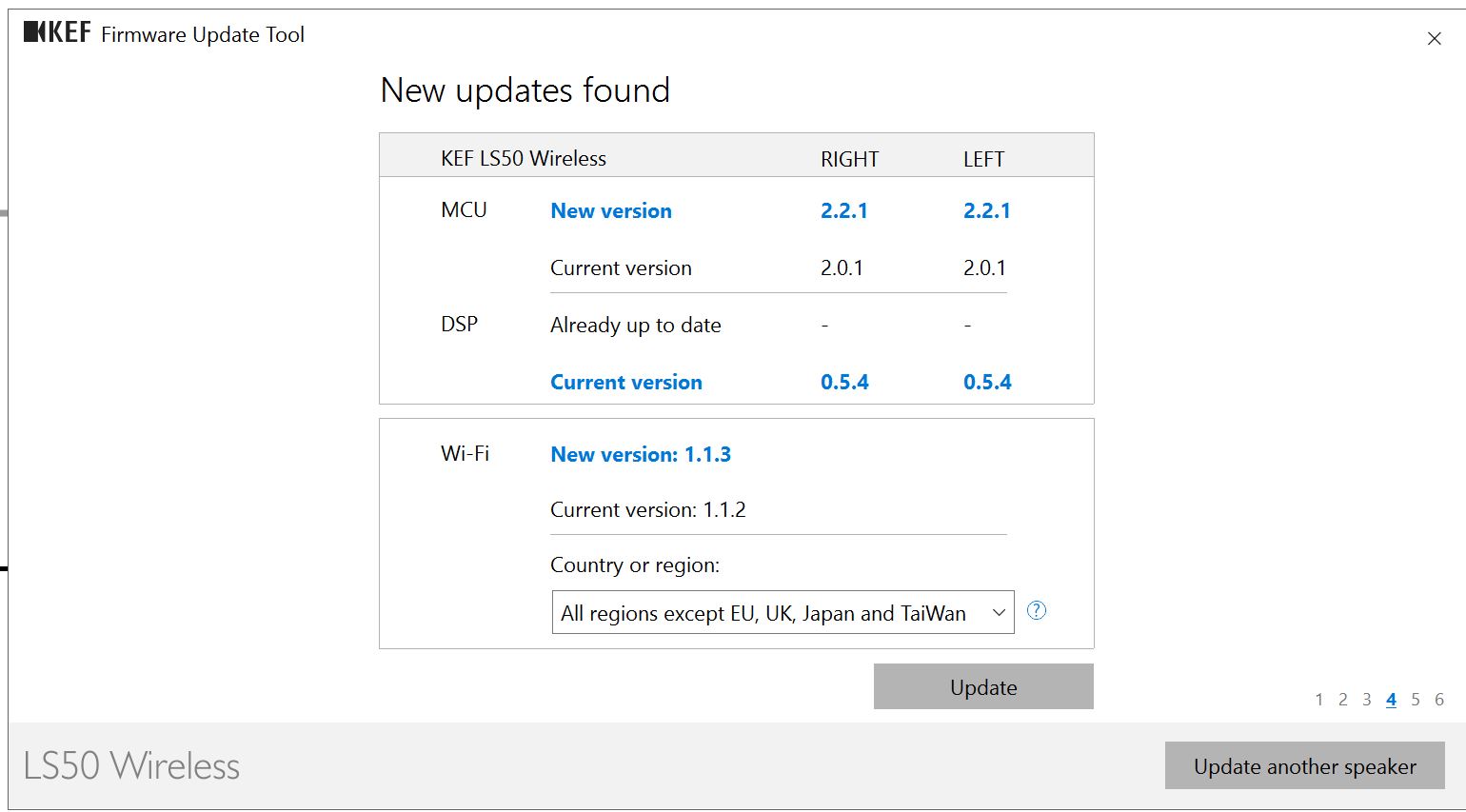 screenshot of KEF LS50W firmware update