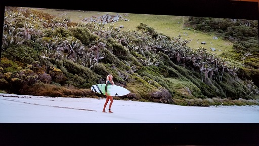 女主角準備步入海灘滑浪時 , 見其綠樹背景細節分明。