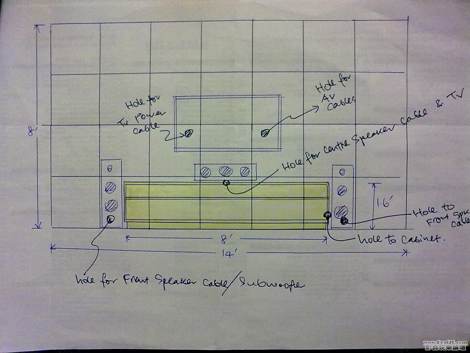 8-foot TV cabinet & 14 feet x 8 feet high wall panel